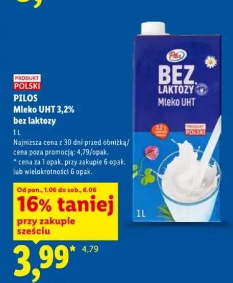 Mleko UHT 3,2% bez laktozy Pilos