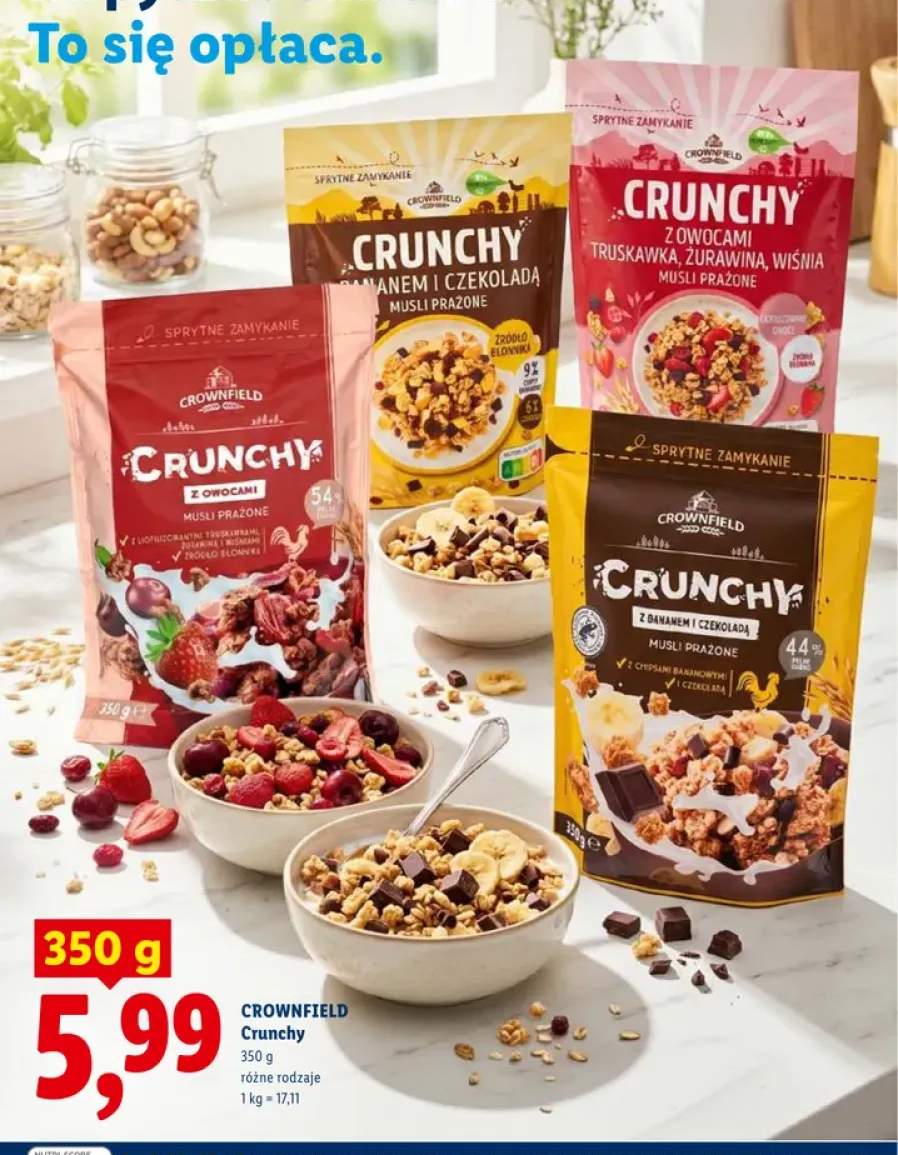 Musli prażone Crunchy z owocami truskawka żurawina wiśnia Crownfield +1 wariant