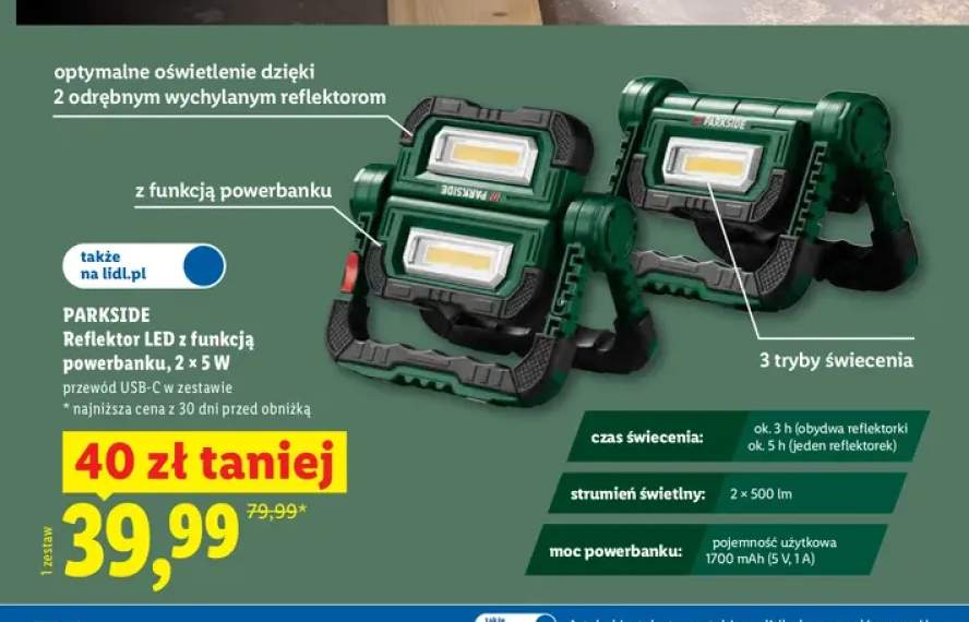 Reflektor LED z funkcją powerbanku Parkside