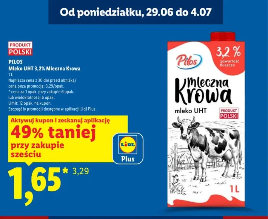 Mleko UHT 3,2% Mleczna Krowa Pilos
