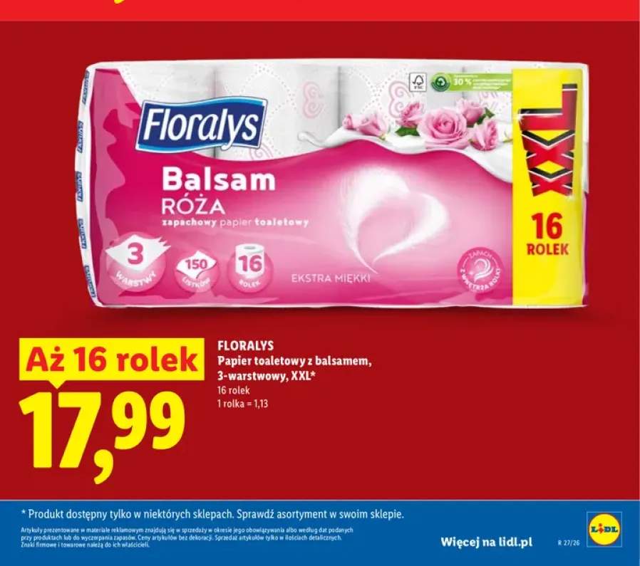 Papier toaletowy z balsamem Floralys Balsam Róża 3-warstwowy XXL 16-pak