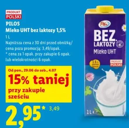 Mleko UHT bez laktozy 1,5% Pilos