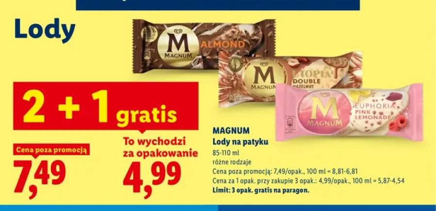 Lody na patyku Magnum Almond +2 warianty