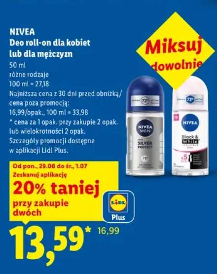 Dezodorant roll-on Nivea Black & White Invisible Clear +1 wariant