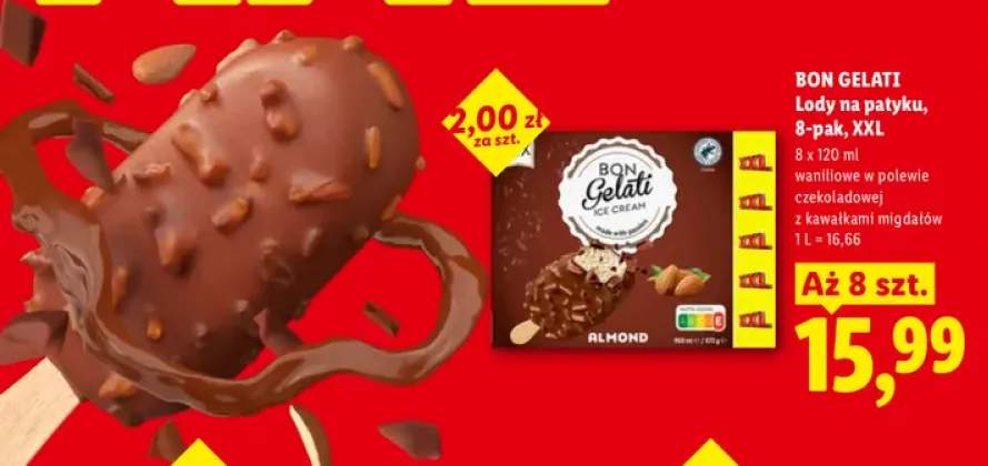 Lody na patyku waniliowe w polewie czekoladowej z kawałkami migdałów Almond Bon Gelati 8-pak XXL
