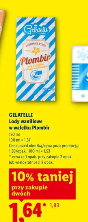 Lody waniliowe w wafelku Plombir Gelatelli