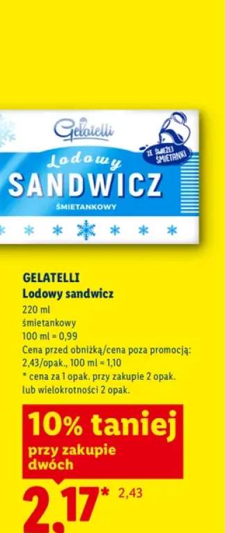 Lody sandwicz śmietankowy Gelatelli