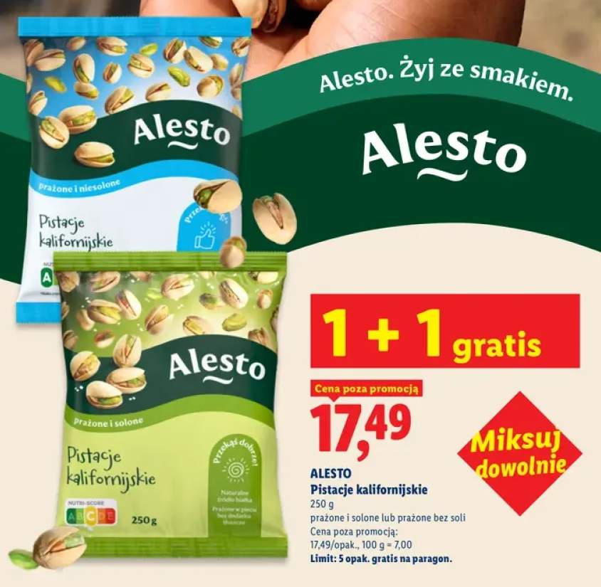 Pistacje kalifornijskie prażone i niesolone Alesto +1 wariant