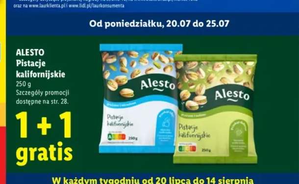 Pistacje kalifornijskie prażone i niesolone Alesto +1 wariant
