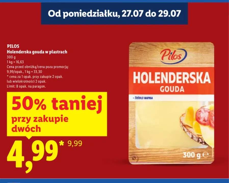 Ser żółty Holenderska gouda w plastrach Pilos