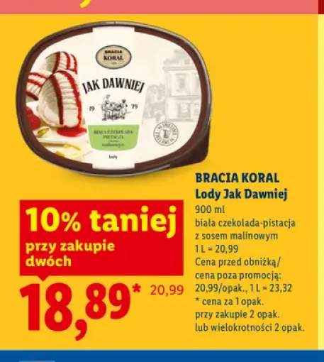 Lody Jak Dawniej Bracia Koral biała czekolada-pistacja z sosem malinowym