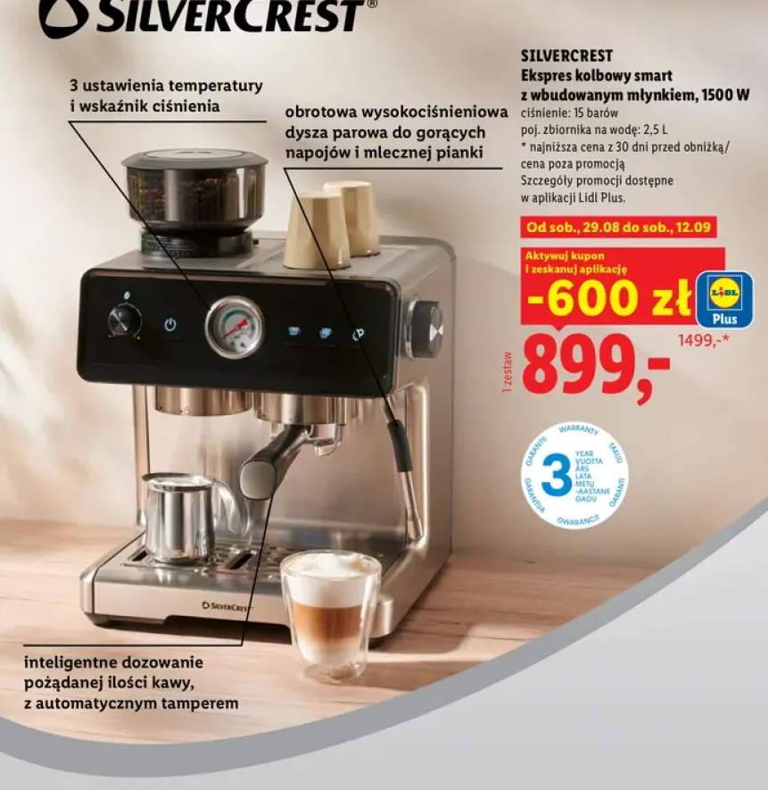 Ekspres kolbowy smart z wbudowanym młynkiem Silvercrest 1500W
