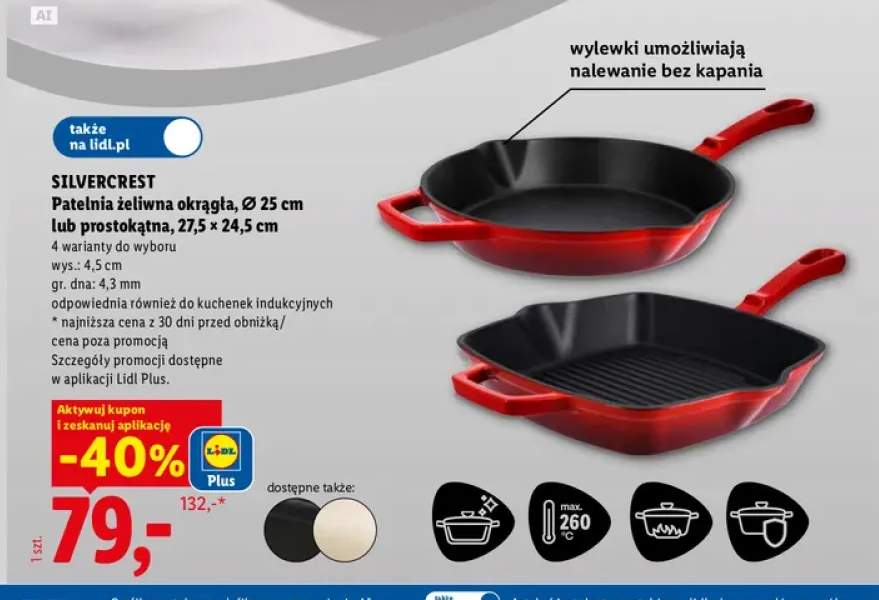 Patelnia żeliwna okrągła Silvercrest Ø 25 cm +1 wariant