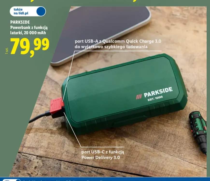 Powerbank z funkcją latarki 20 000mAh Parkside