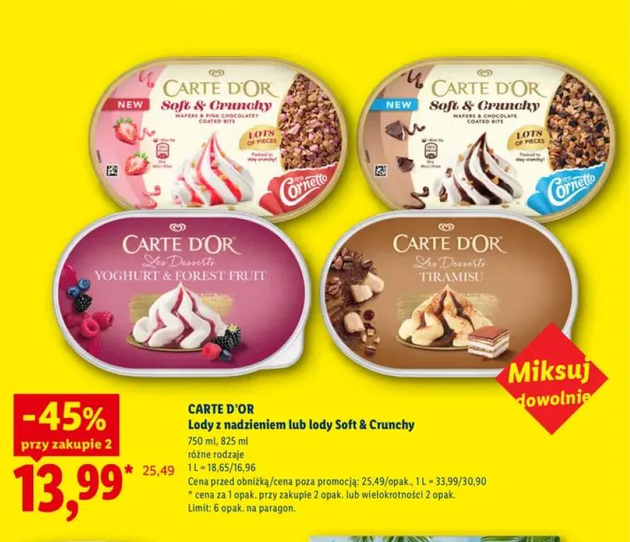 Lody Soft & Crunchy Wafers & Pink Chocolatey Coated Bits Carte D'Or +3 warianty