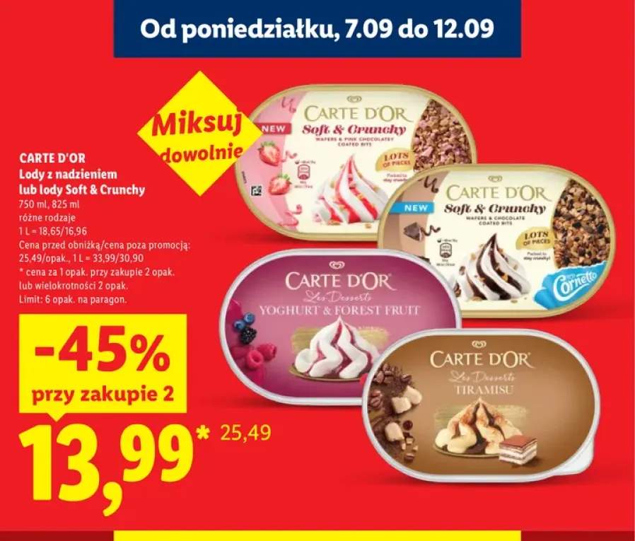 Lody Soft & Crunchy Carte D'Or Wafers & Pink Chocolatey Coated Bits +3 warianty