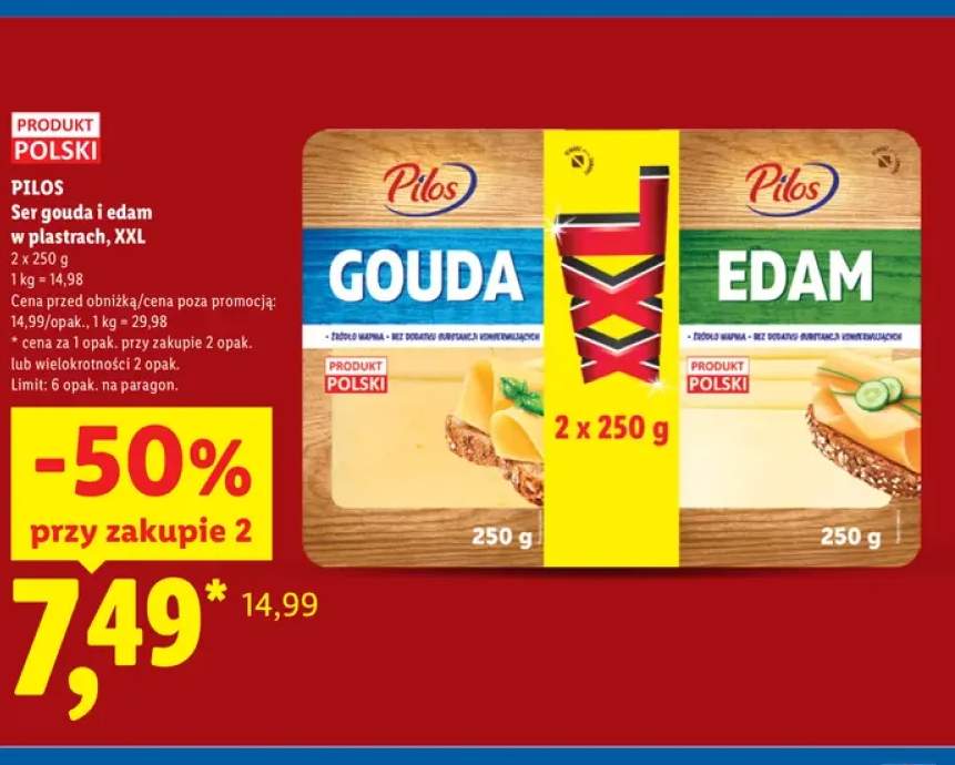 Ser gouda w plastrach XXL 2-pak Pilos +1 wariant