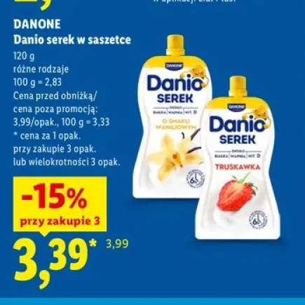 Danio serek w saszetce o smaku waniliowym Danone +1 wariant