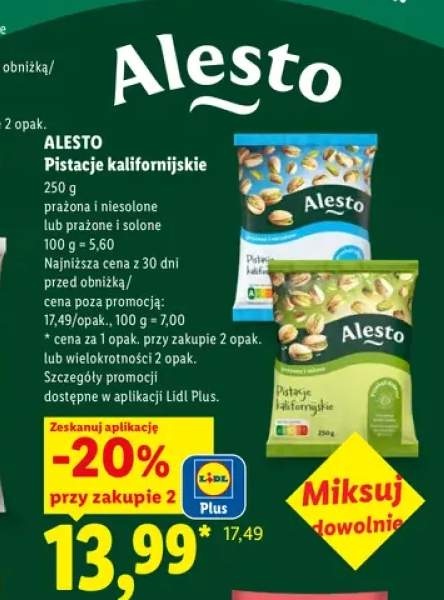 Pistacje kalifornijskie prażone i niesolone Alesto +1 wariant