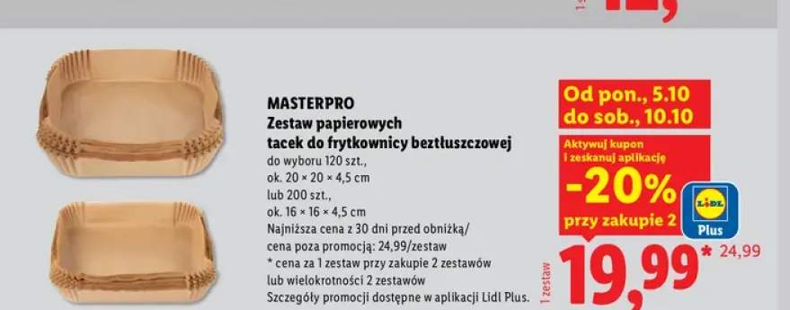 Zestaw papierowych tacek do frytkownicy beztłuszczowej 20x20x4,5 cm Masterpro +1 wariant