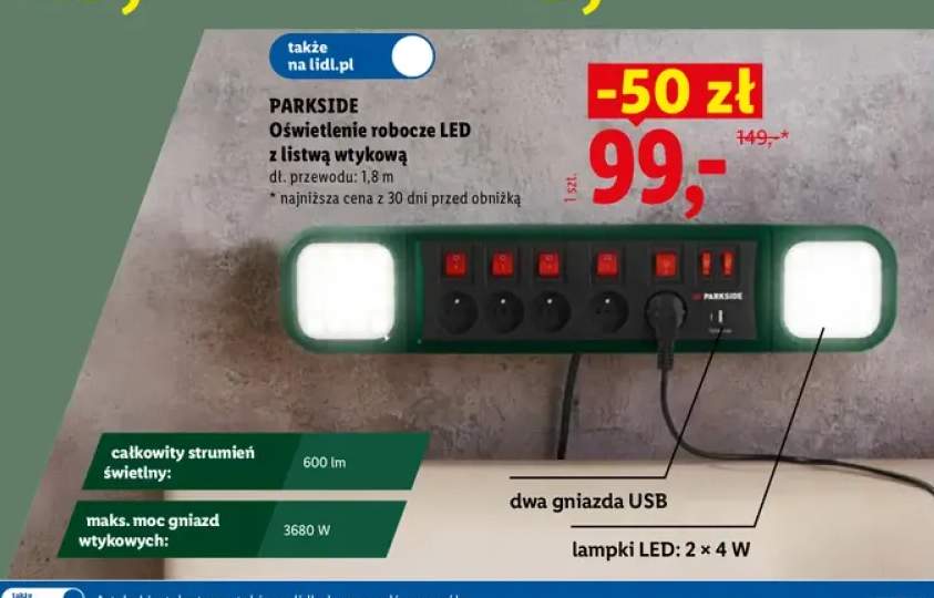 Oświetlenie robocze LED z listwą wtykową Parkside