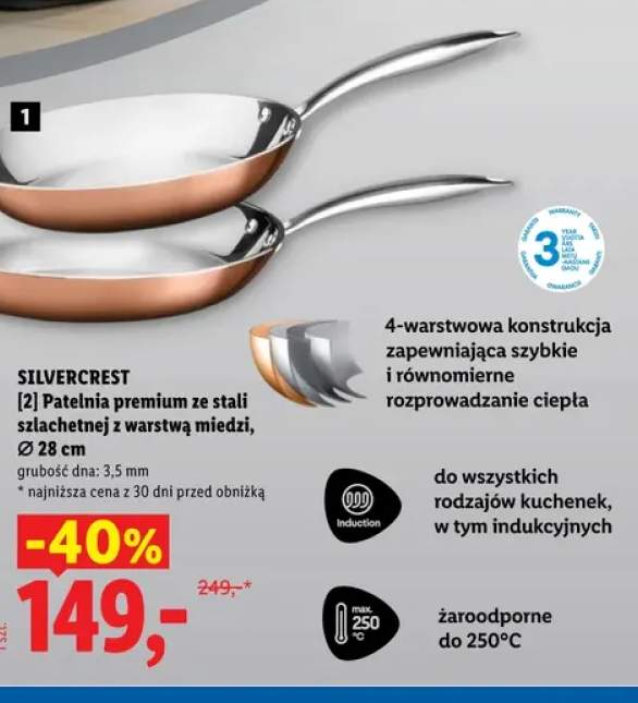 Patelnia premium ze stali szlachetnej z warstwą miedzi 28 cm SilverCrest