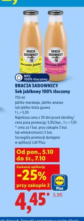 Sok jabłkowy tłoczony jabłko-marakuja Bracia Sadownicy 100% +2 warianty