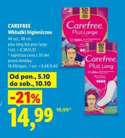 Wkładki higieniczne plus long Carefree +1 wariant