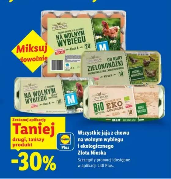 Jaja z chowu na wolnym wybiegu i ekologicznego Złota Nioska +3 warianty
