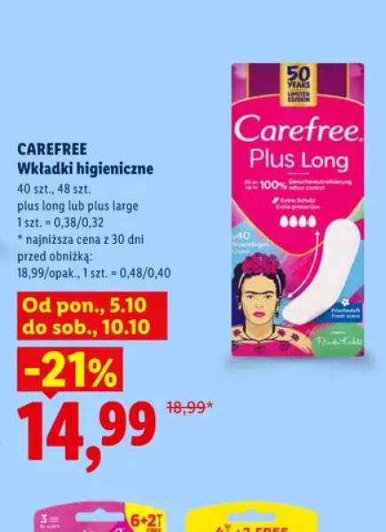 Wkładki higieniczne plus long Carefree +1 wariant