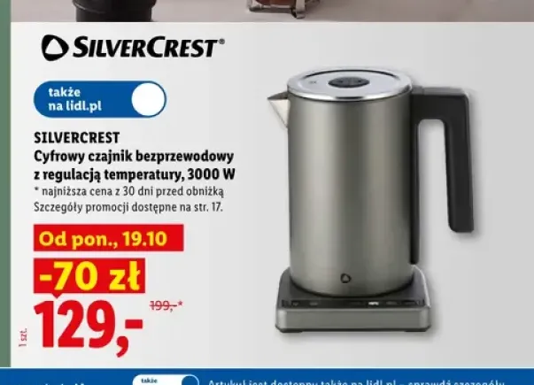 Cyfrowy czajnik bezprzewodowy z regulacją temperatury Silvercrest