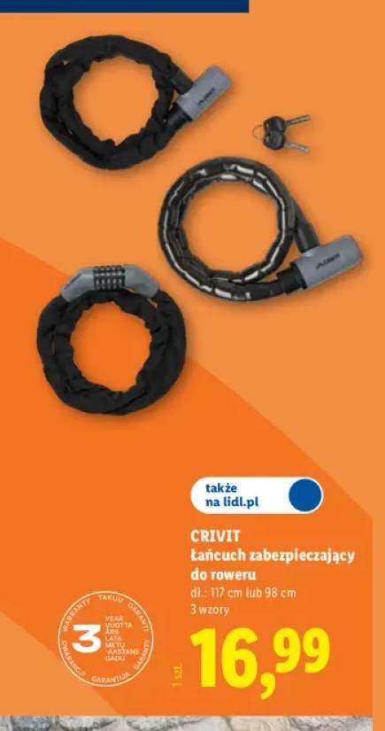 Łańcuch zabezpieczający do roweru 117 cm Crivit +1 wariant
