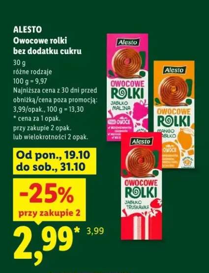 Owocowe rolki bez dodatku cukru mango jabłko Alesto +2 warianty