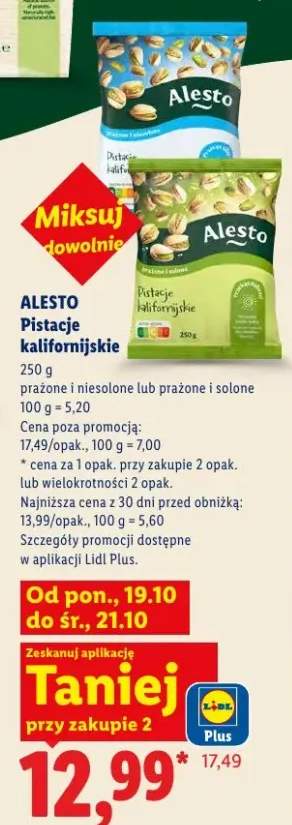 Pistacje kalifornijskie prażone i niesolone Alesto +1 wariant