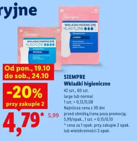 Wkładki higieniczne klasyczne large Siempre +1 wariant