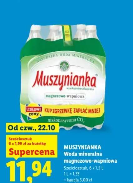 Woda mineralna gazowana magnezowo-wapniowa niskonasycona CO2 6-pak Muszynianka