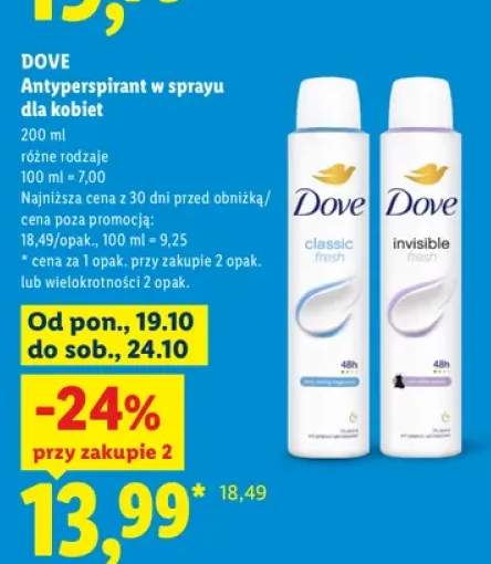 Antyperspirant w sprayu dla kobiet Dove classic fresh +1 wariant