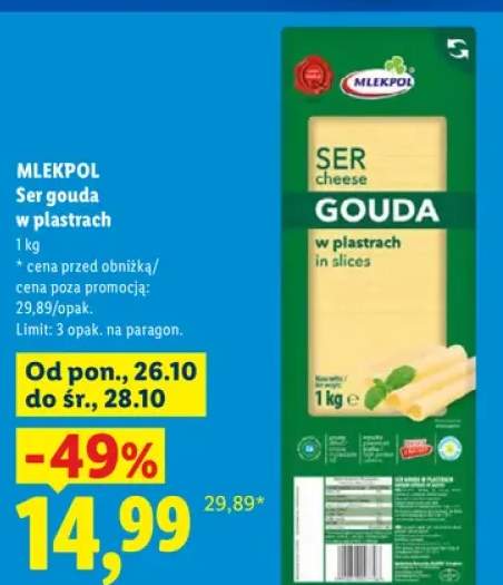 Ser gouda w plastrach Mlekpol