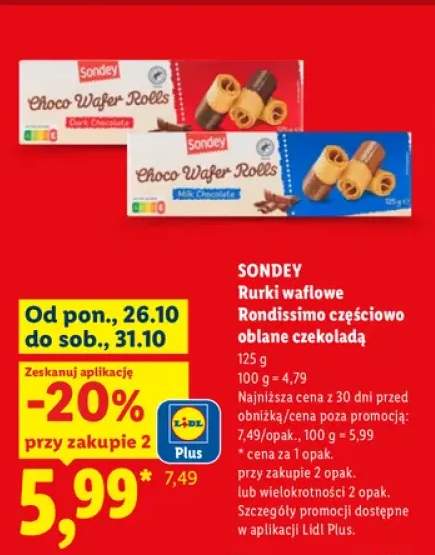 Rurki waflowe Rondissimo częściowo oblane gorzką czekoladą Sondey +1 wariant