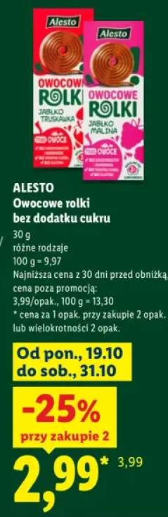 Owocowe rolki bez dodatku cukru jabłko-truskawka Alesto +1 wariant