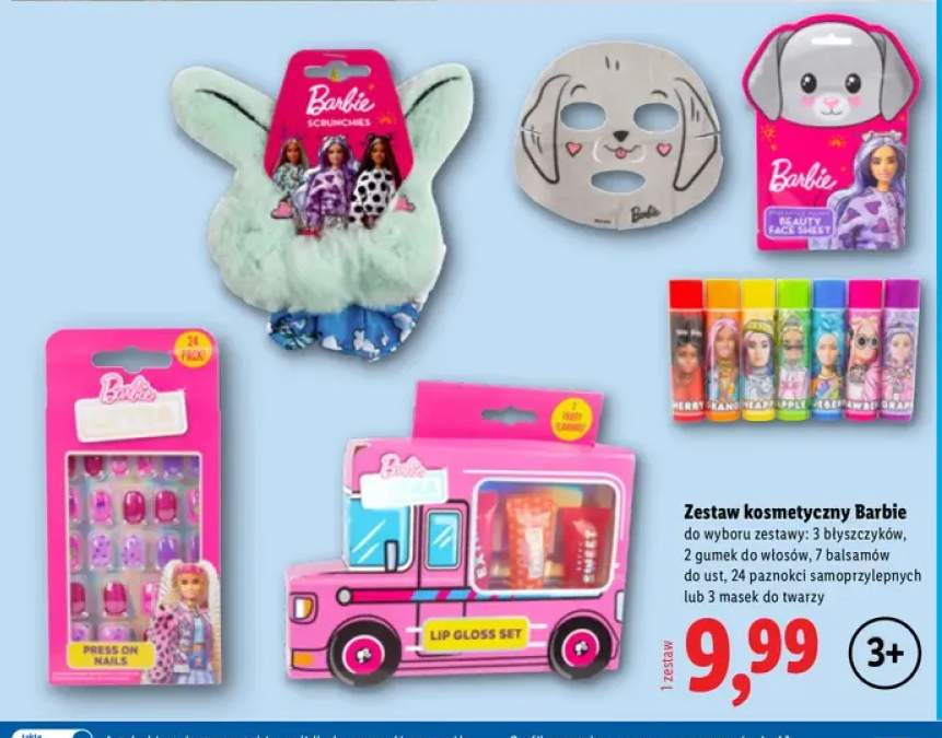 Zestaw kosmetyczny Barbie 3 błyszczyków +4 warianty