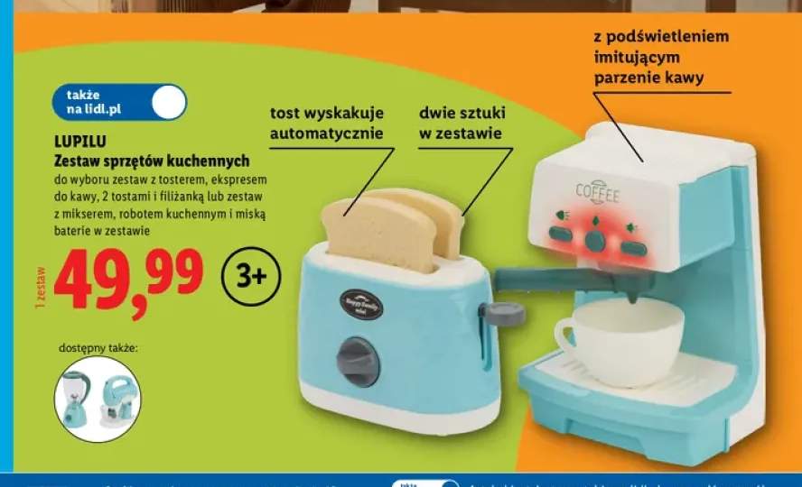 Zestaw sprzętów kuchennych z tosterem, ekspresem do kawy, 2 tostami i filiżanką Lupilu +1 wariant