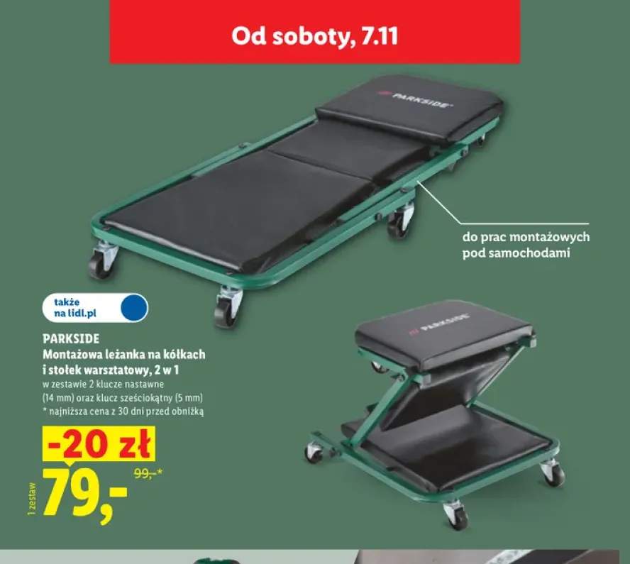 Montażowa leżanka na kółkach i stołek warsztatowy 2 w 1 Parkside