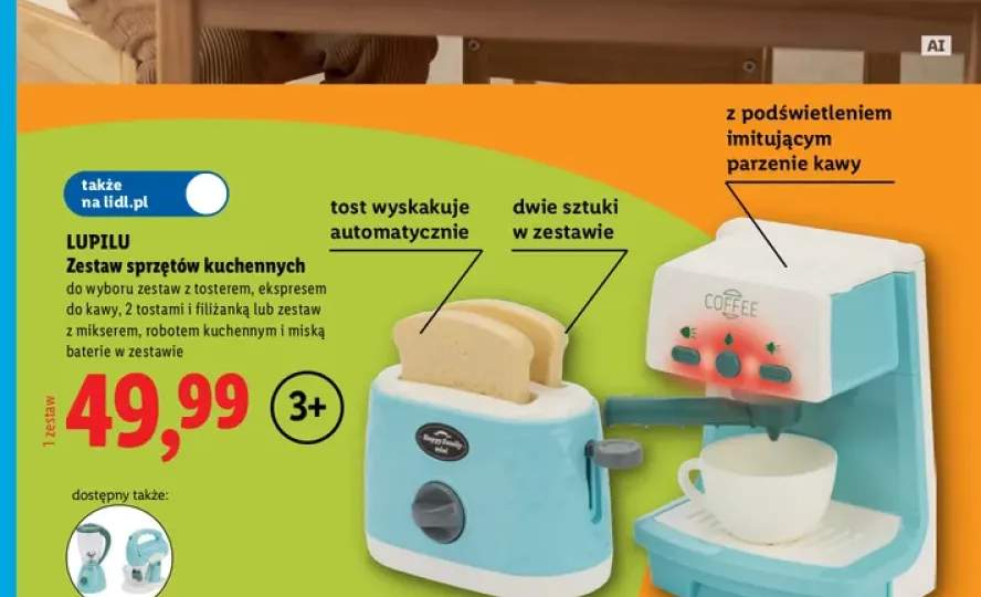 Zestaw sprzętów kuchennych z tosterem, ekspresem do kawy, 2 tostami i filiżanką Lupilu +1 wariant