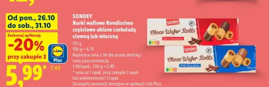 Rurki waflowe Rondissimo częściowo oblane czekoladą mleczną Sondey +1 wariant